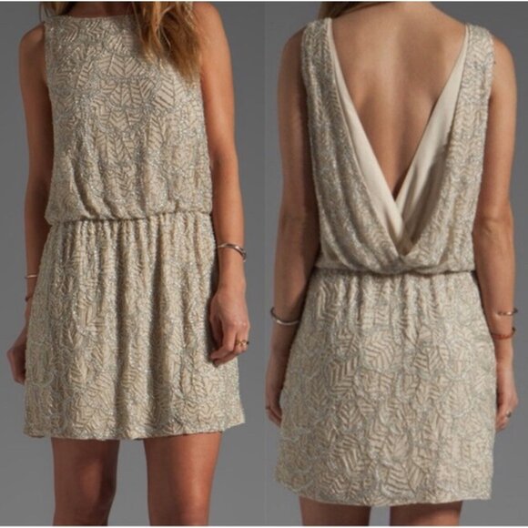 Alice + Olivia Nola Drop Waist Beaded Mini Dress Small Beige Gold Silk Backless - Picture 1 of 16